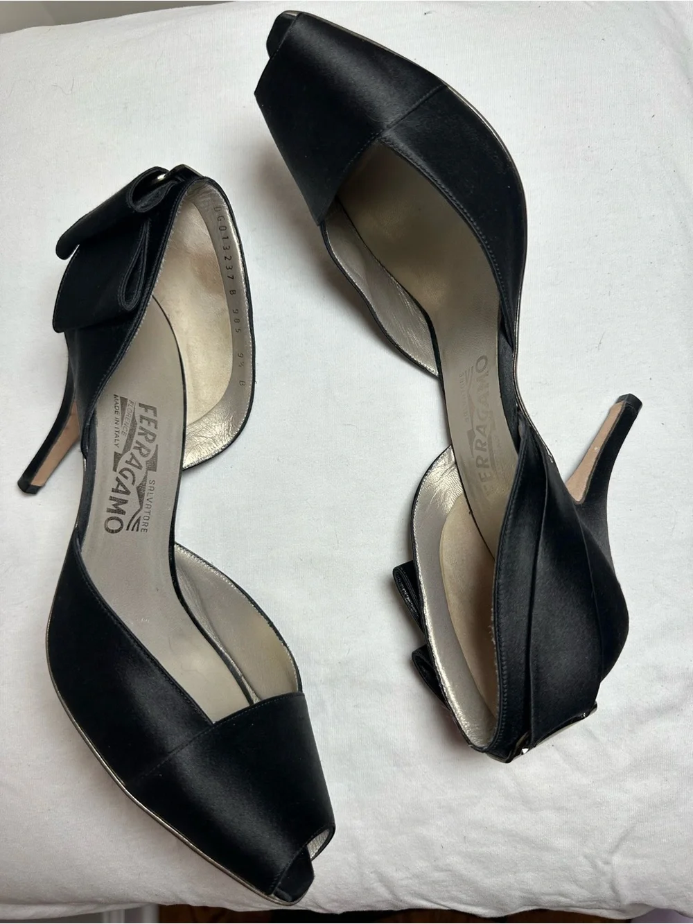 Ferragamo black satin peep toe black heels